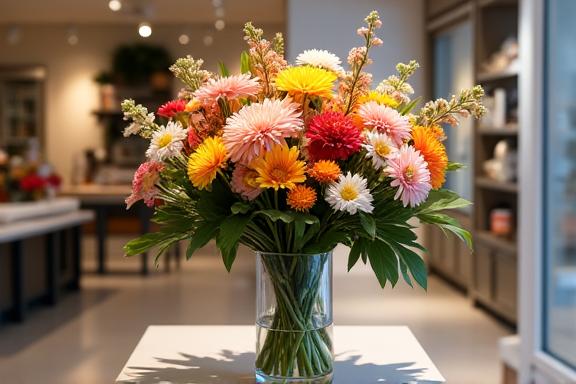 Сезонный букет недели, выставленный в магазине.