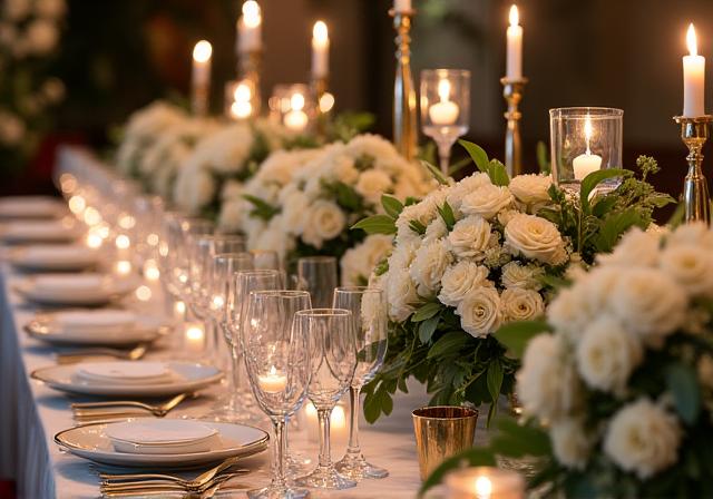 Роскошно украшенный цветами свадебный стол.