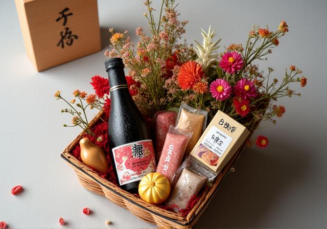 Красивая подарочная корзина с цветами, бутылкой саке и японскими сладостями.
