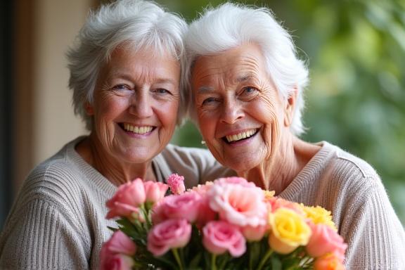 Пожилая пара с улыбкой держит красивый букет цветов.