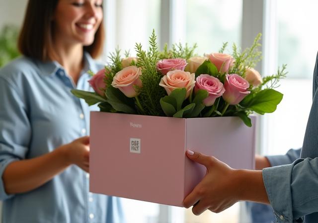 Человек получает коробку со свежими цветами в рамках цветочной подписки.
